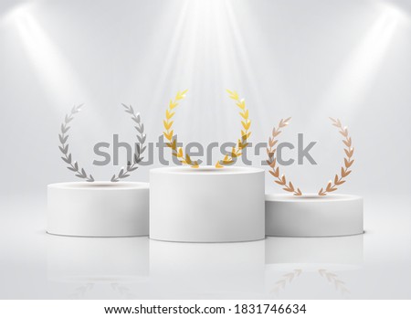 Winner pedestal with laurel. White cylinder podium under spotlights realistic mockup. Gold silver bronze leaf round wreath on stages, first second third place award ceremony vector 3d concept on white