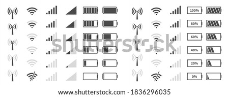 Wifi signal level. Battery charge black sign, mobile network and antenna status internet indicator wireless loading, system power timely completion pictogram, vector isolated on white background icons
