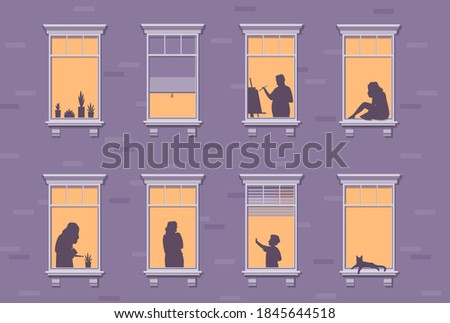 Neighbor characters. Windows with people stay at home, silhouettes of man and woman through the window, apartment building human at night, quarantine period covid-19 pandemic vector concept