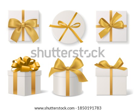 Realistic decorative gift boxes. 3d gifts white cardboard packaging templates, golden ribbons and bows top and side view, round and square wrapped presents. Vector isolated on white background set