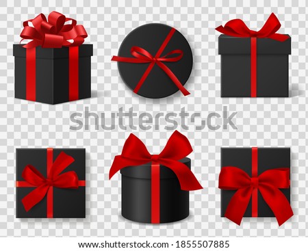 Black gift box. Realistic 3d luxury dark cardboard round and square boxes with red silk ribbons and bows, different angles side and top views. Black friday advertisement elements vector isolated set