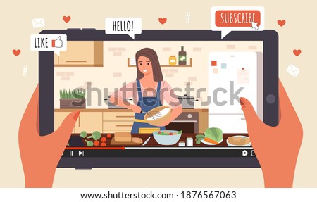 Cooking Live Streaming. Hands hold tablet with video, blogger prepares meal online, woman cooks homemade food, blog apps icons, vlog or show channel with culinary tutorial, vector cartoon concept