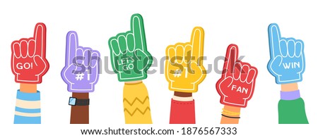 Fan foam fingers. Supporting color flat hands signs with cheerleaders inscription, motivation favorite sports team collection. Accessories for football match on stadium cartoon vector isolated concept