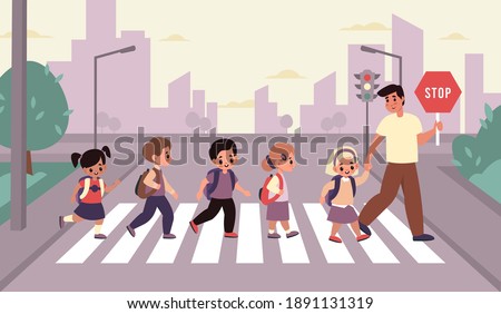 Children crosswalk. Students group with backpacks cross street with adult accompanied, elementary school boys and girls with teacher on urban landscape. Road safety cartoon flat style vector concept