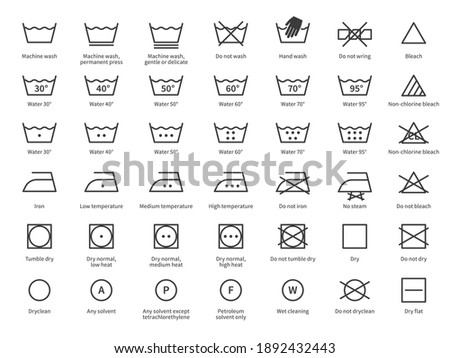 Laundry icons. Care clothes instructions on labels, machine or hand washing signs. Water, ironing and drying temperature symbols collection, textile and fabric types. Vector line items isolated set