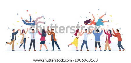 Tossing in air. People group throwing colleague, birthday celebrating, victory congratulate, business team achievements, happy characters rejoice in victory. Vector cartoon flat set isolated on white