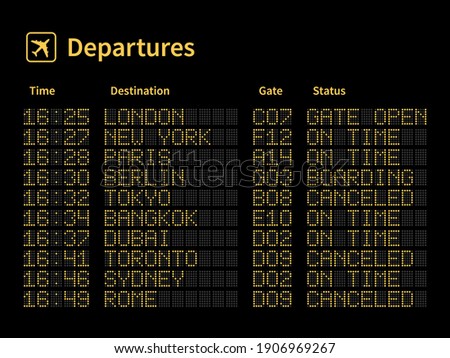 Airport led board. Aircrafts departures and terminal number gate timetable information, light yellow dot letters and numbers on black panel. Flight schedule on dashboard boarding status vector concept