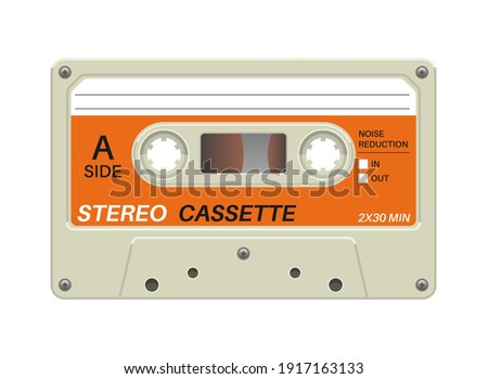 Retro cassette. Audio equipment for analog music records. Blank stereo tape. Isolated plastic musical device. Old-fashioned mixtape of tunes and songs. Vector hipster multimedia tool with copy space