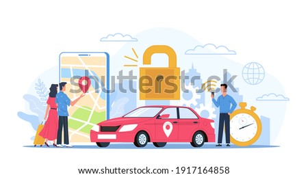 Car sharing. Automobile rental service concept. Smartphone application for GPS navigation and reliable transport order. Urban landscape and signs of stopwatch and lock. Vector city transportation