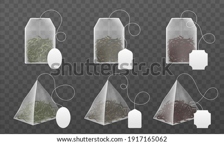 Tea bags mockup. Realistic disposable beverage infuser bags and pyramids sachet with blank paper labels various forms, black and green dry leaves different types collection. Vector 3d isolated set