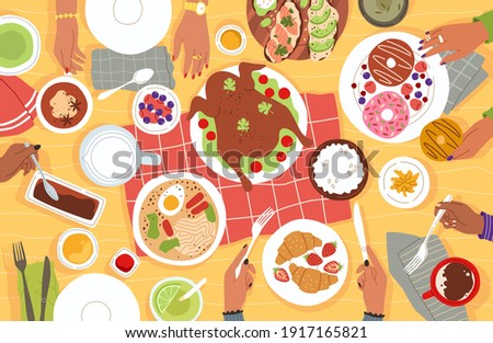 Lunch top view. Cartoon group of people having dinner at home or in restaurant. Table full of plates with food. Human hands holding cutlery. Characters eating desserts and turkey. Vector dining scene