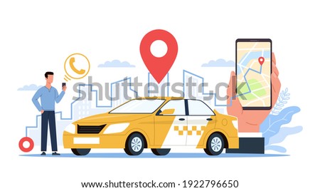 Taxi service. Man with smartphone on city landscape, screen app using, hand holds phone, city map with online geotags taxi point, find and call yellow car. Urban transport vector flat cartoon concept