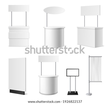 Realistic promotional stands. 3d white blank advertising counters collection, isolated blank events desks mockup, different designs models, clean empty promo tables with signboard and flags vector set