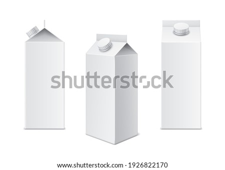 Realistic milk box. 3d white cardboard template for juice, milk and beverage package, different viewing angles drinks blank mockups. Closed rectangular container brand presentation vector isolated set