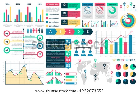 Charts and diagrams. Graphical colorful schemes infographic, rising and falling with percentages data financial analytic marketing infochart, presentation visualization vector isolated elements set