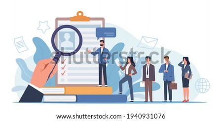 Hr agency. Applicants queue for consideration, people group of resume background, candidates consideration. Job hiring talents vacancy in company recruiter search employees vector concept