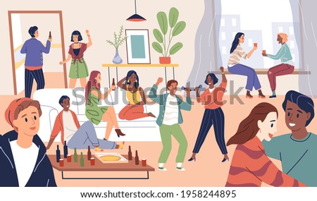 Friends group. Party time in house, happy young people, home celebration. Alcohol drinking, karaoke and dancing, youth hangout, men and women funny company. Vector modern cartoon concept