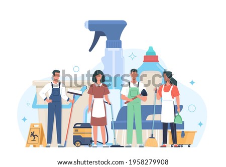 Professional cleaning service. Cleaners group in uniform with washing equipment and detergents, men and women janitors team, hygiene industrial and residential premises vector concept Foto stock © 