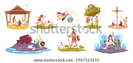 Bible characters. Ancient sacred cult book characters, holy book key scenes, Christ birth in manger, virgin Mary, world flood, Adam and Eve in garden of paradise, Cain and Abel vector set