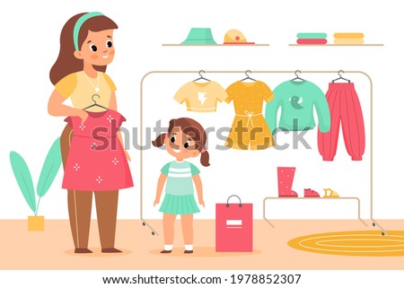 Kids clothing store. Girl with mother in boutique. Family shopping. Mom helps daughter choose dress. Child and parent buy garments. Clothes rack with hanger. Vector baby tries clothes