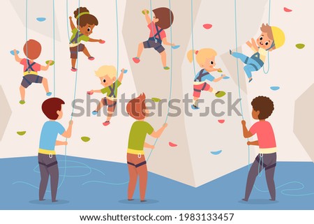 Rock climbing wall. Boys and girls team climb up stone dummy, adults insure children below, children crawling up wall with colored ledges, kids extreme mountaineering section vector concept