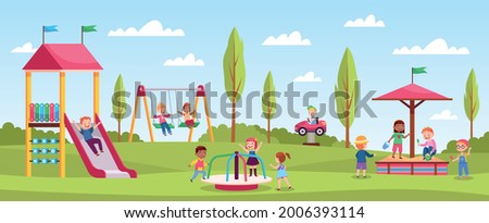 Children playground playing. Happy girls and boys play playing area, outdoor activities, kindergarten games, fun color rides. Playing area with slide and swing. Vector cartoon concept