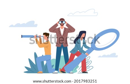 Search goal. Right idea and decisions quest, different point of view, business team strategy vision, people watching binocular, magnifier and spyglass. Flat cartoon isolated vector concept
