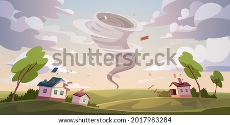 Tornado catastrophe. Natural disaster with hurricane. Power twisted storm concept. Houses destruction from whirlwind. Buildings damage. Cyclone zone. Vector landscape with broken homes