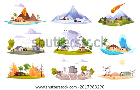 Natural disaster. Environment powers challenges and catastrophe, flooding, forest fire and hurricane danger, volcanic eruption, earthquake and tsunami, cataclysm effects damage vector set