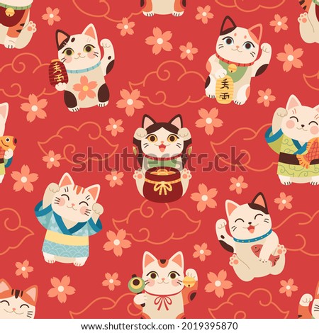 Seamless japanese maneki cats pattern. Lucky asian symbols, cartoon fun characters, kittens with raised paw hold coins, flashlights on red. Decor textile, wrapping wallpaper vector print