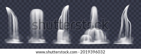 Realistic cascade waterfall. 3d liquid flowing down jets, water drop fog, mountain rivers streams and splashes, different shapes and angles view. Vector cartoon isolated set