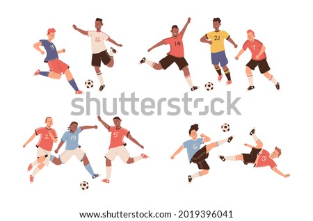 Fighting soccer players. Athletes fight for ball, footballer actions, sports team game, people in uniform, sharp match moments. Olympic professional sport. Vector cartoon flat isolated set