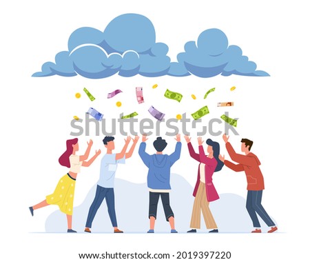 Money rain. Cartoon happy people catching banknotes and gold coins falling from clouds. Successful men and women collecting flying cash. Lottery winners. Vector easy earning concept