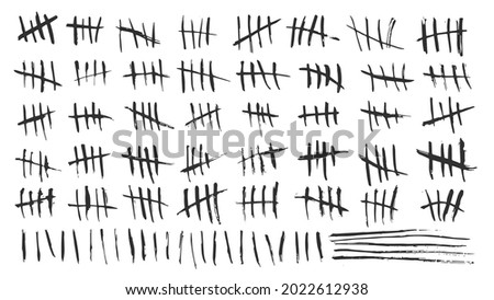 Tally mark. Black lines marking. Hand drawn crossed out strokes. Waiting and counting down days. Single scratch. Isolated monochrome strikethrough signs mockup. Vector rough elements set Foto d'archivio © 