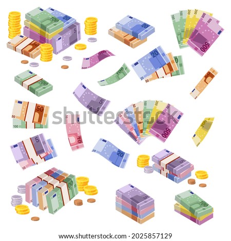 Isometric euro banknotes. Cash money. Various euros bundles and coins. 3D financial awards. European currency collection. Economic profits. Vector finance savings and investments set