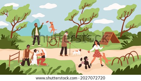 Dog park. People walk and play with dogs at training ground, men and women outdoor games with domestic pets, owners characters with animals on nature. Vector flat cartoon concept