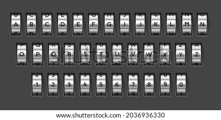 Combination lock font. Realistic mechanical code. Rotating alphabet. Bank safe wheels set with letters and numbers. Secret options. Spinning elements kit. Vector vault signs variation