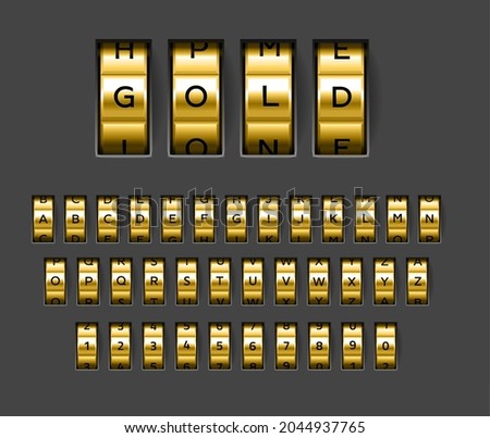 Gold locks combination. Realistic rotating secret unlock code font. Banking security metallic alphabet. Spinning wheels with letters and numbers. Vector safe protection elements set