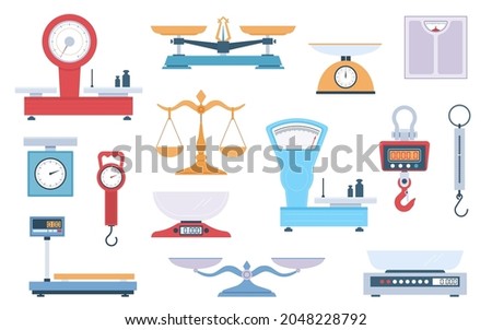 Scales types. Different scales variants, weighing balance, cartoon flat style, cargo and grocery, fitness and pharmacy, electronic and analog, vector cartoon isolated measuring devices set