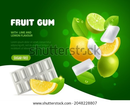 Fruit chewing gum. Lime and lemon taste bubblegum, vortex of flying citrus slices with leaves and white pads, fresh taste candies double flavor, oral health product, vector advertising poster