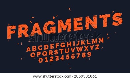 Fragments font. Broken oblique alphabet, capital latin letters and numbers typography, red divided text, cracked typeface, break glass design, chopped typeface, vector flat isolated set