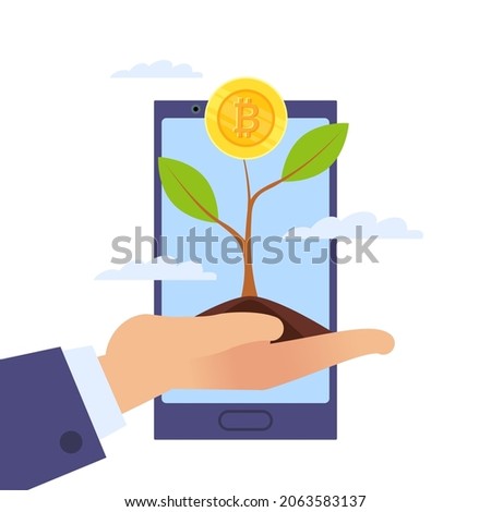 Development, growth of Bitcoin. Growing tree and hand with golden coin, smartphone background, successful investment in electronic money, multiplication strategy, vector isolated concept