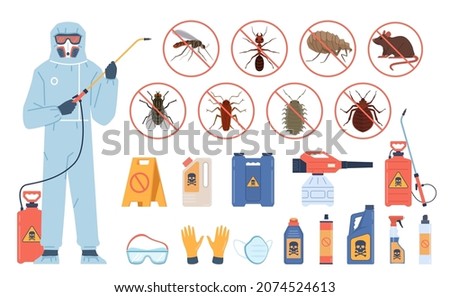 Disinfection service. Man in uniform. Antiparasitic chemicals. Insect and rodent control worker with insecticidal equipment. Professional equipping. Vector parasite extermination set Stock foto © 