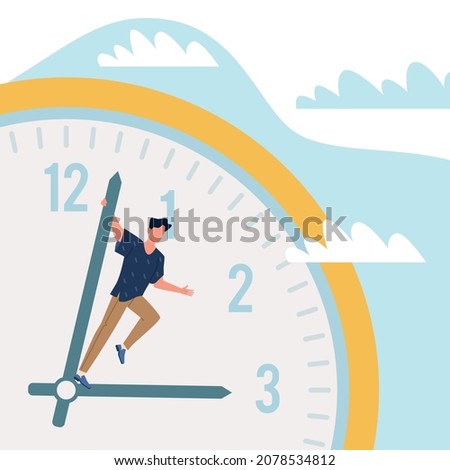 Impatience and haste. Time management. Man riding on timepiece dial arrow. Planning deadlines and appointments. Punctual person. Watch face with hour and minute hands. Vector concept