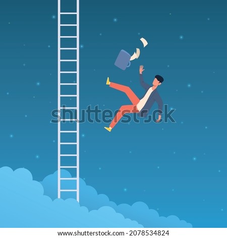 Failure and defeat. Man falling from sky. Goal too high. Businessman flying down. Employee dismissal and bankruptcy. Financial crisis. Person loses business and jobs. Vector concept