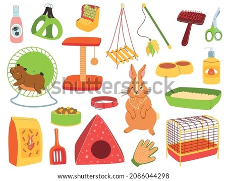Pets care tools. Different domestic animals caring accessories collection, pet store products. Toys, shampoos and food, rabbit and hamster, cage and hygiene supplies, vector cartoon isolated set