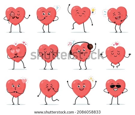 Cartoon heart character. Cute love symbols with faces different poses, hands and feet, february romantic holiday signs, funny positive emotions, internet emoji stickers emoticon vector set