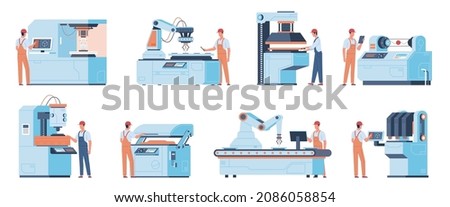 Factory workers people. Industrial machines, electronic manufacturing equipment, engineering technology, stampers and assemblers, professional mechanics and operators, vector isolated set