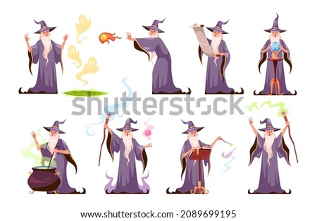 Magic character. Cartoon wizard performs various magical actions. Sorcerer in hat and robe. Fabulous old man with long white beard brews potion or casts spells. Vector magicians set Foto stock © 