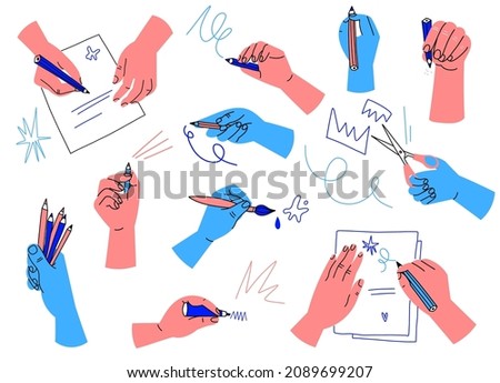 Hands hold stationery. Arms hold pencils and brushes. Isolated palms with markers and scissors. Writing and drawing processes. Cutting and painting. Vector abstract human parts set